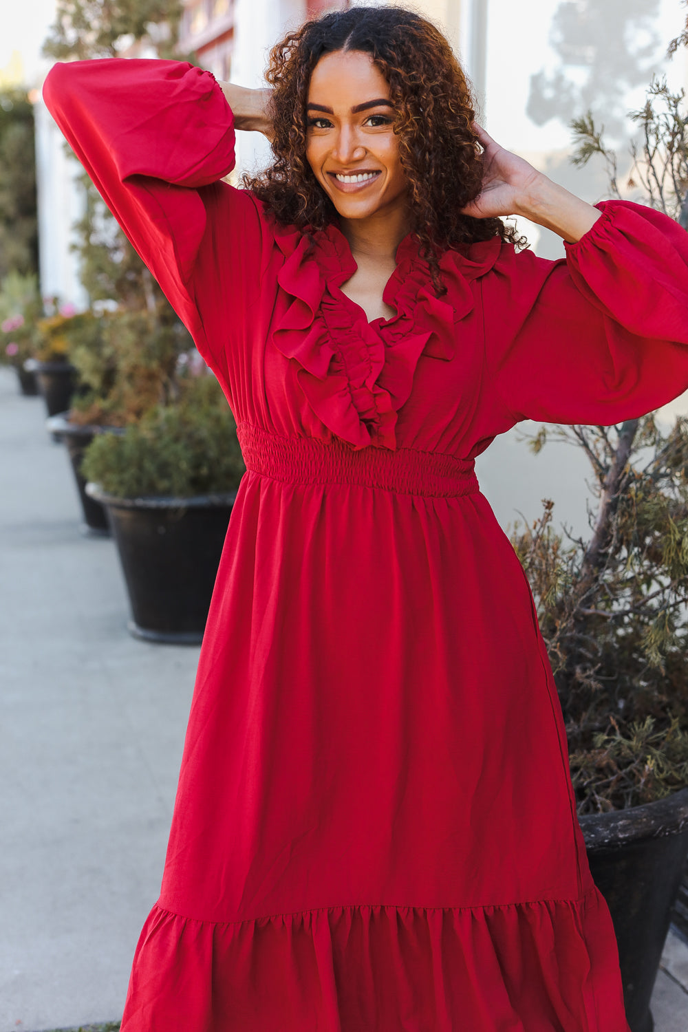 Beautiful You Holiday Red Overlap Ruffle V Neck Midi Dress