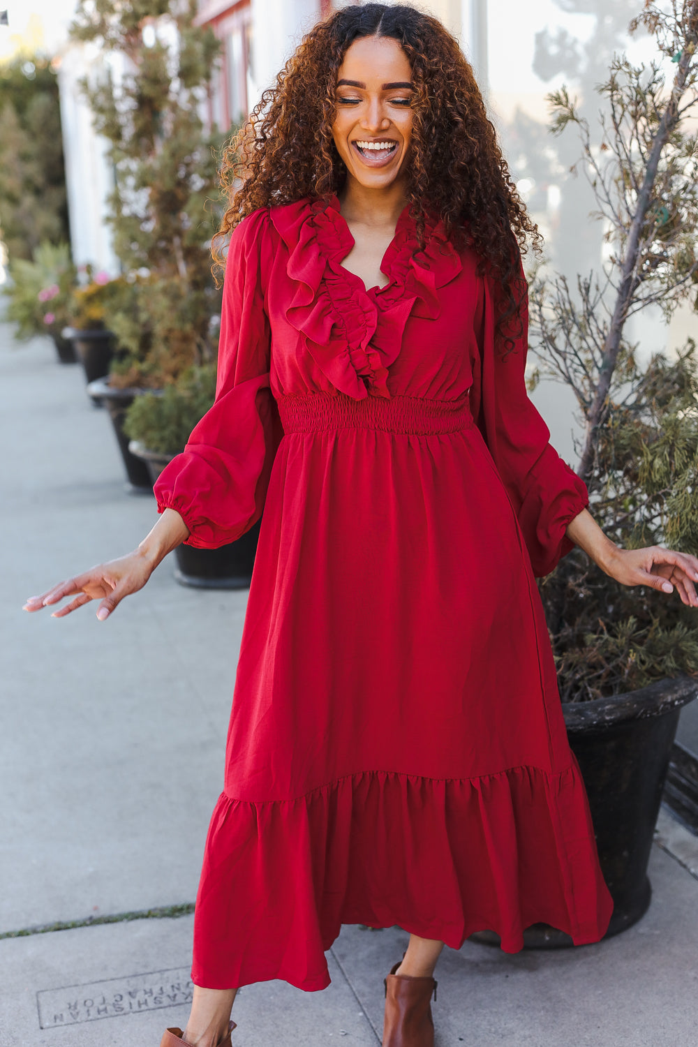 Beautiful You Holiday Red Overlap Ruffle V Neck Midi Dress