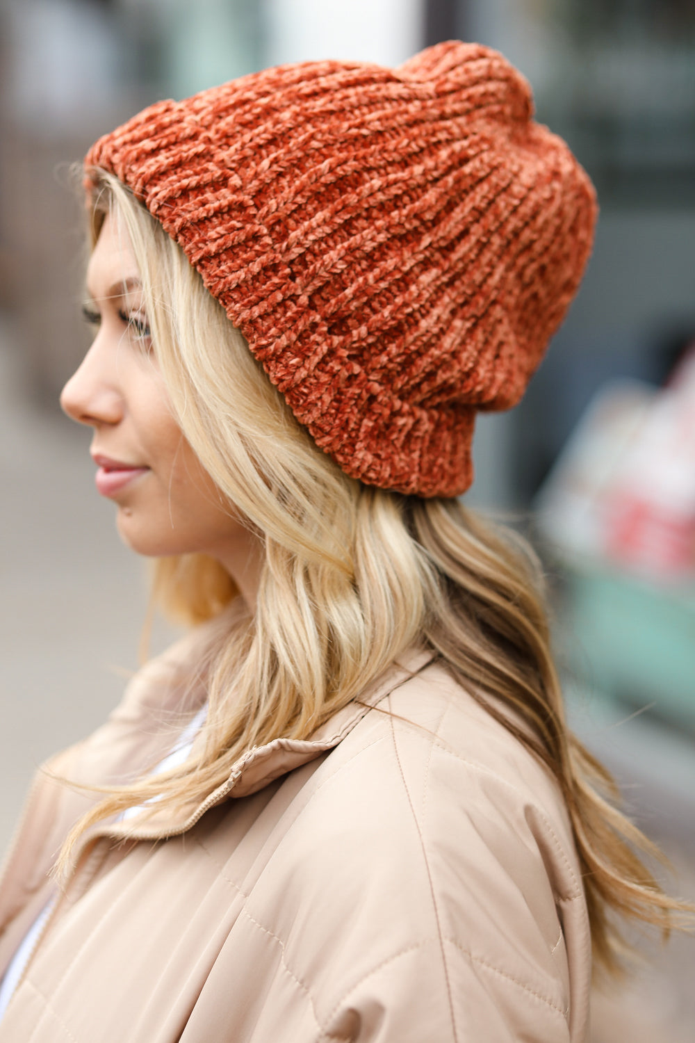 Rust Knit Velvet Chenille Fold Over Beanie