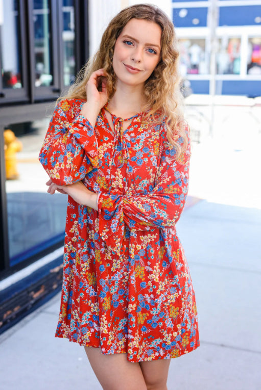 Under Your Spell Rust Floral Tie Front Elastic Bell Sleeve Dress