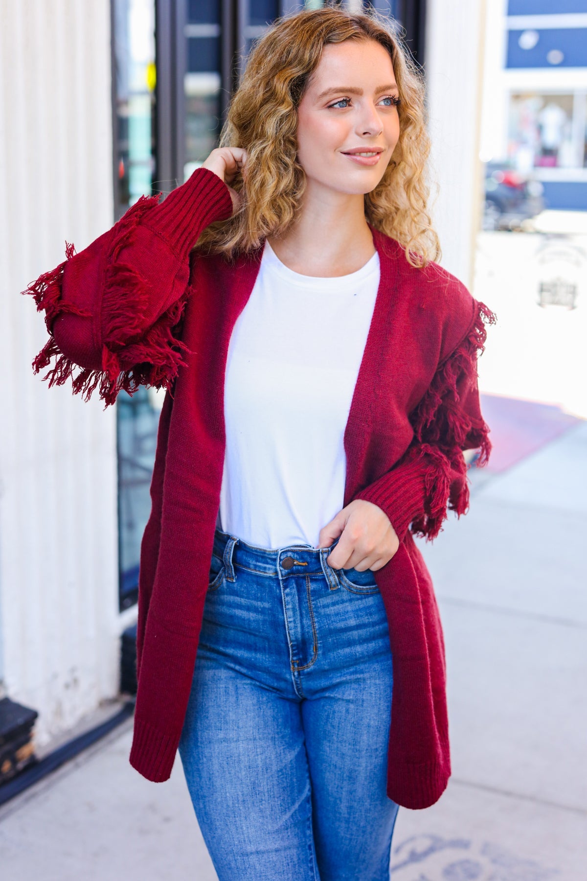 Beautiful You Burgundy Fringe Detail Knit Cardigan