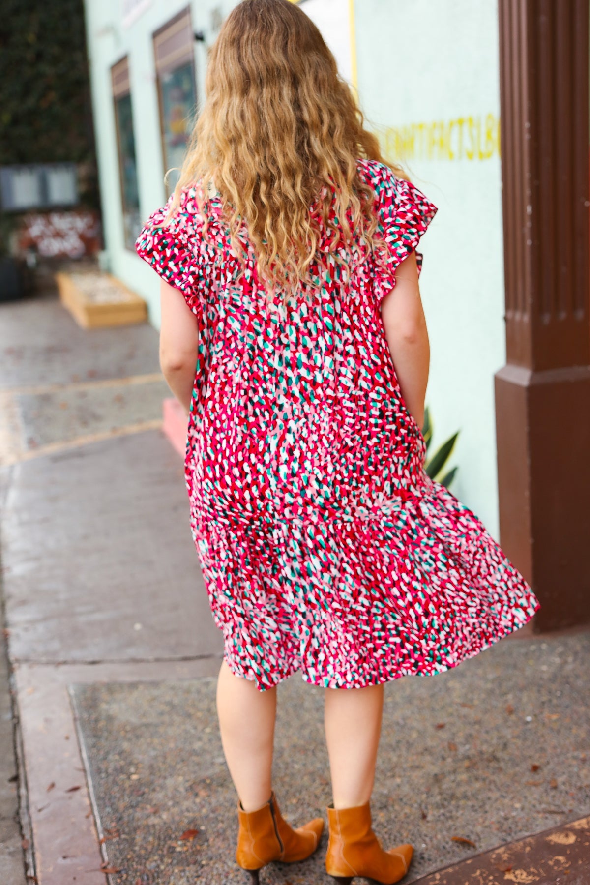 Fuchsia & Teal Abstract Dot Yoke Woven Dress