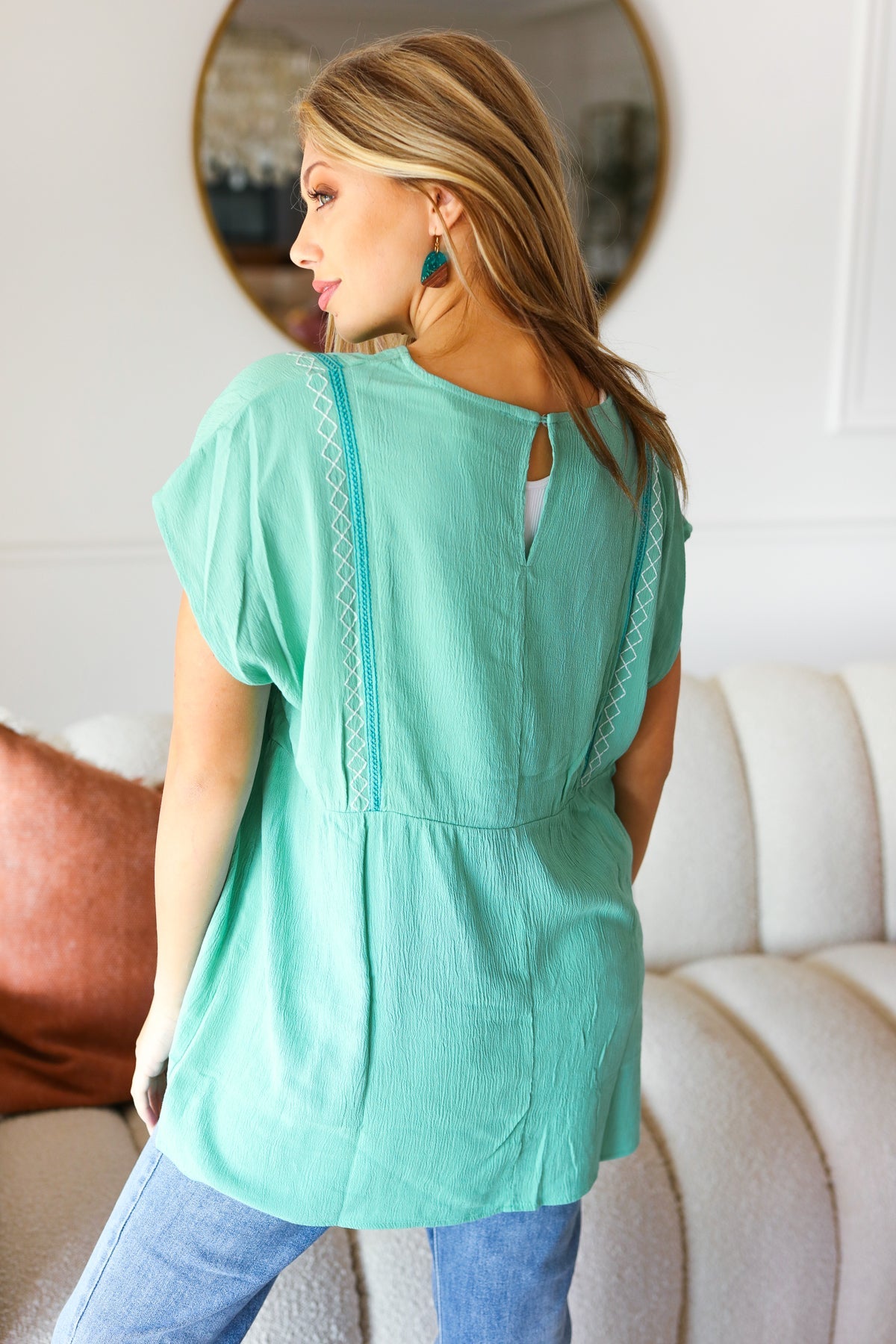 Mint Embroidered Woven Short Sleeve Dolman Top