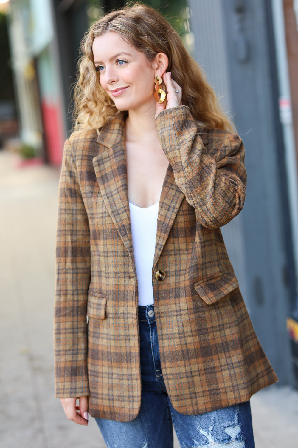 Make It Happen Spice Plaid Tailored Collar Lapel Blazer