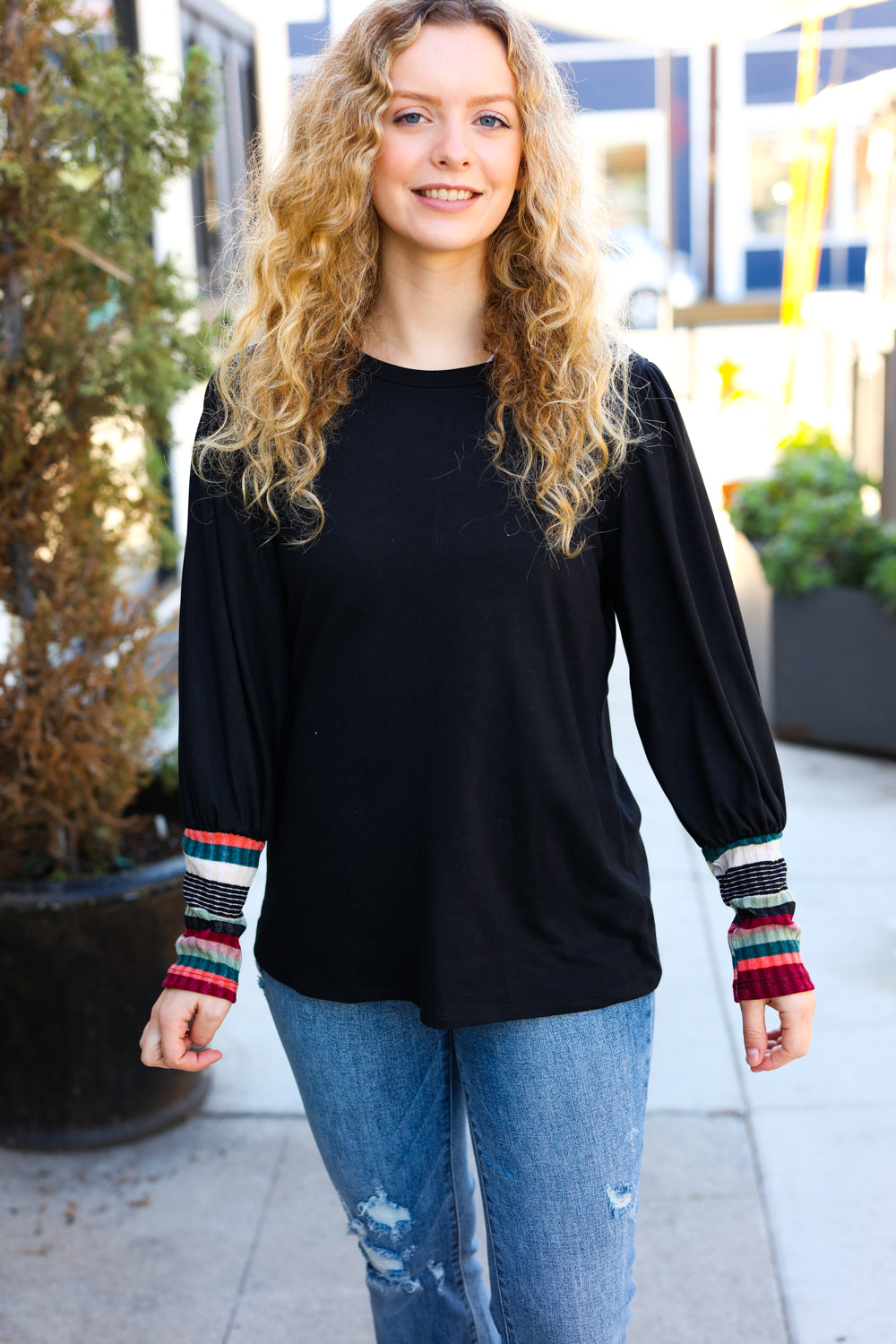 Black Multicolor Stripe Banded Puff Sleeve Top