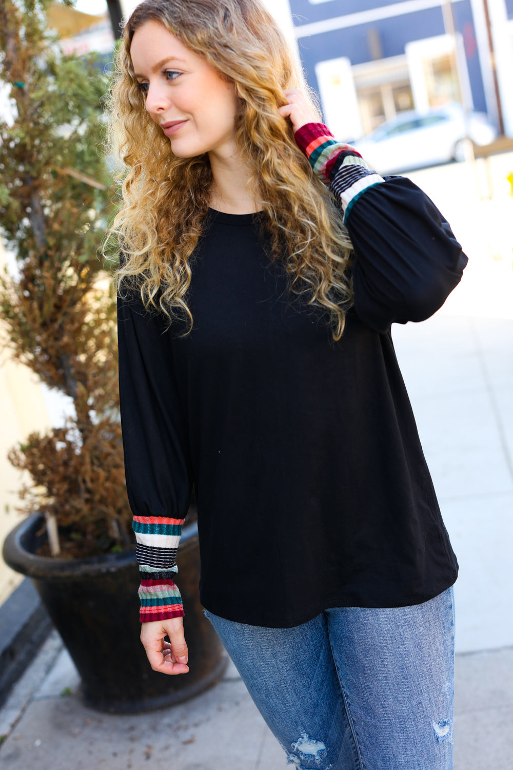 Black Multicolor Stripe Banded Puff Sleeve Top