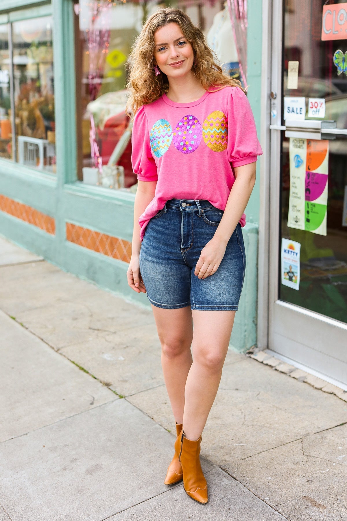 Turn Heads Hot Pink Sequin Easter Egg Terry Top