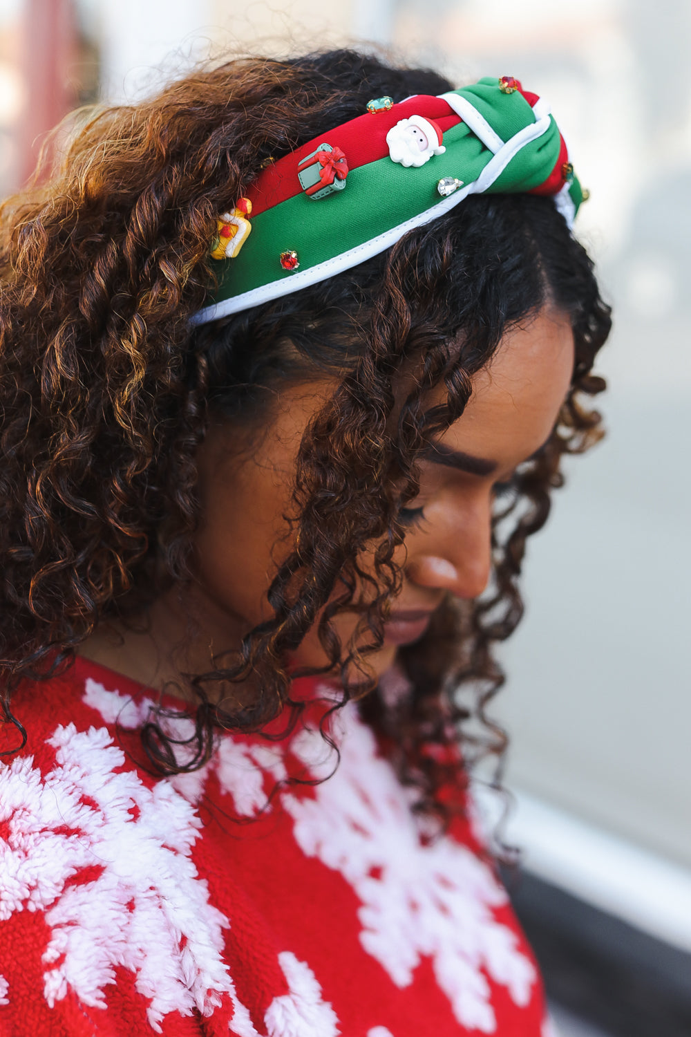 Santa Present Charms & Rhinestone Top Knot Holiday Headband