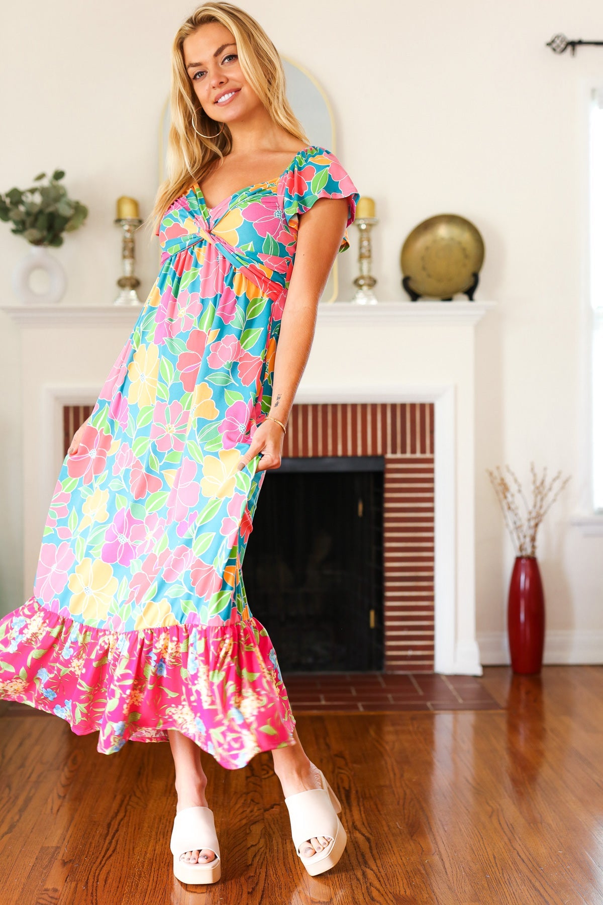 Vacay Vibes Blue Floral Print Sweetheart Twisted Neckline Maxi Dress