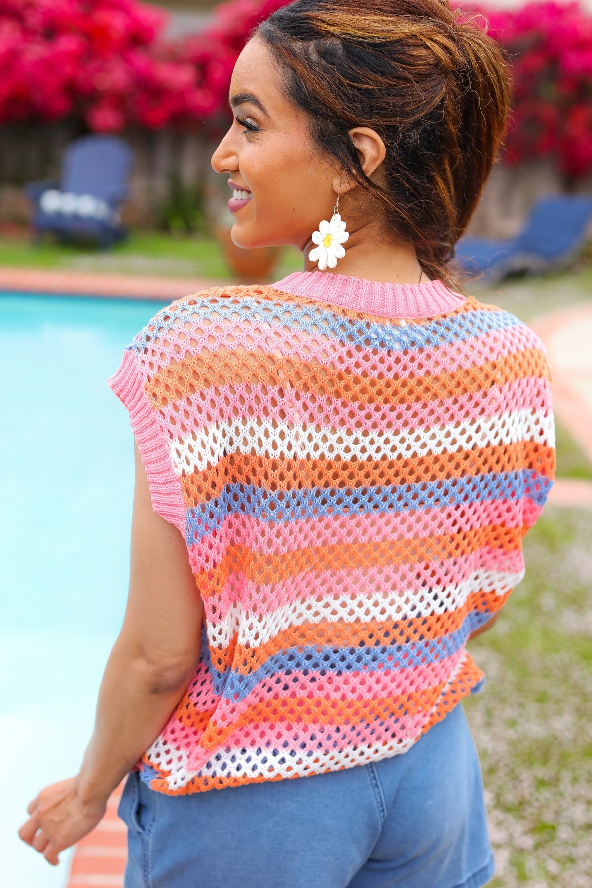 Pretty In Pink & Blue Striped Netted Crochet Dolman Sweater Top