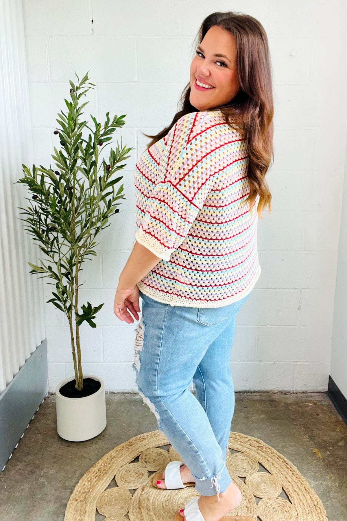 Stand Out Oatmeal & Lavender Stripe Netted Crochet Sweater Top