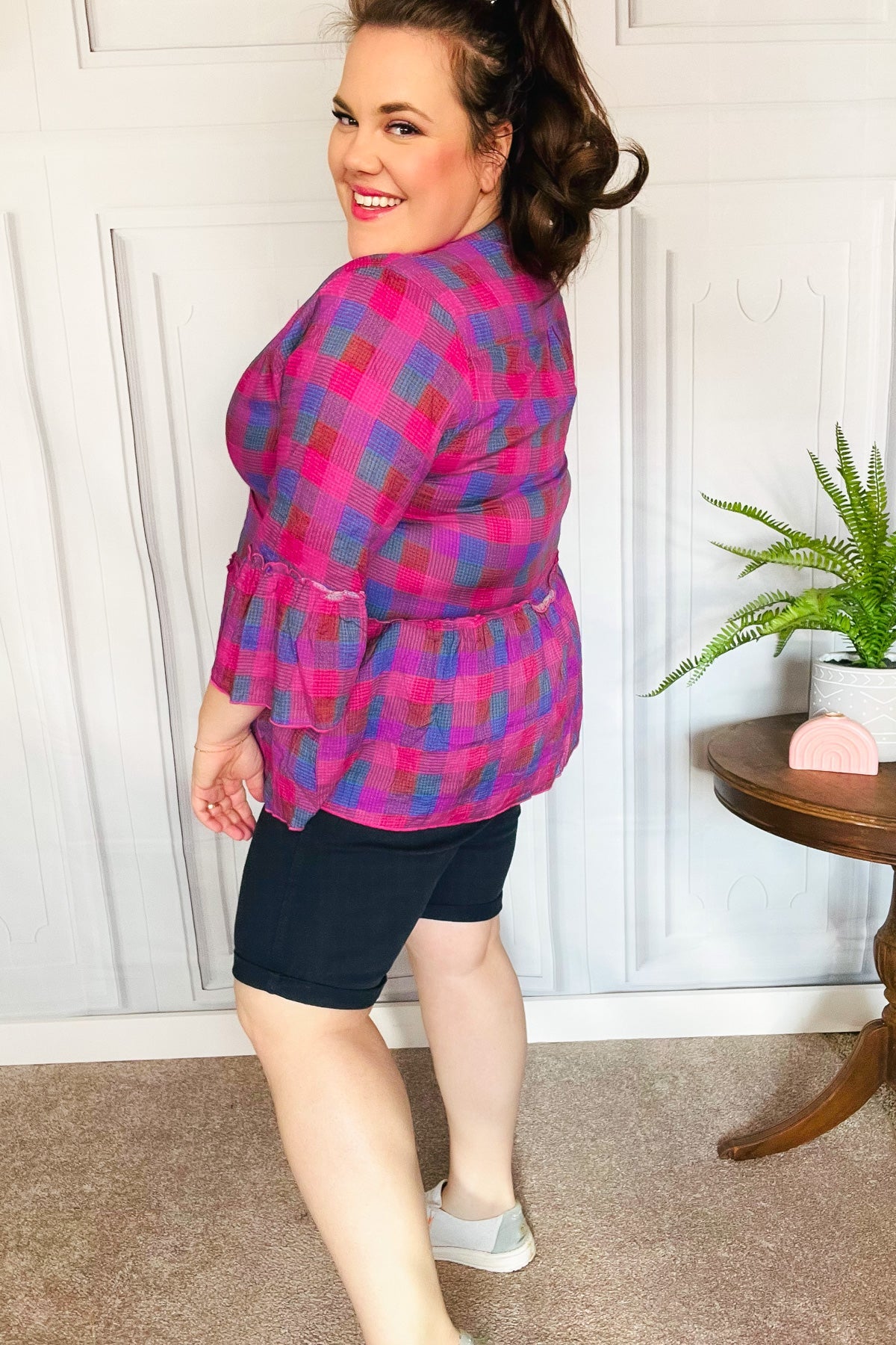 Back To Basics Fuchsia Plaid Notched Neck Babydoll Top