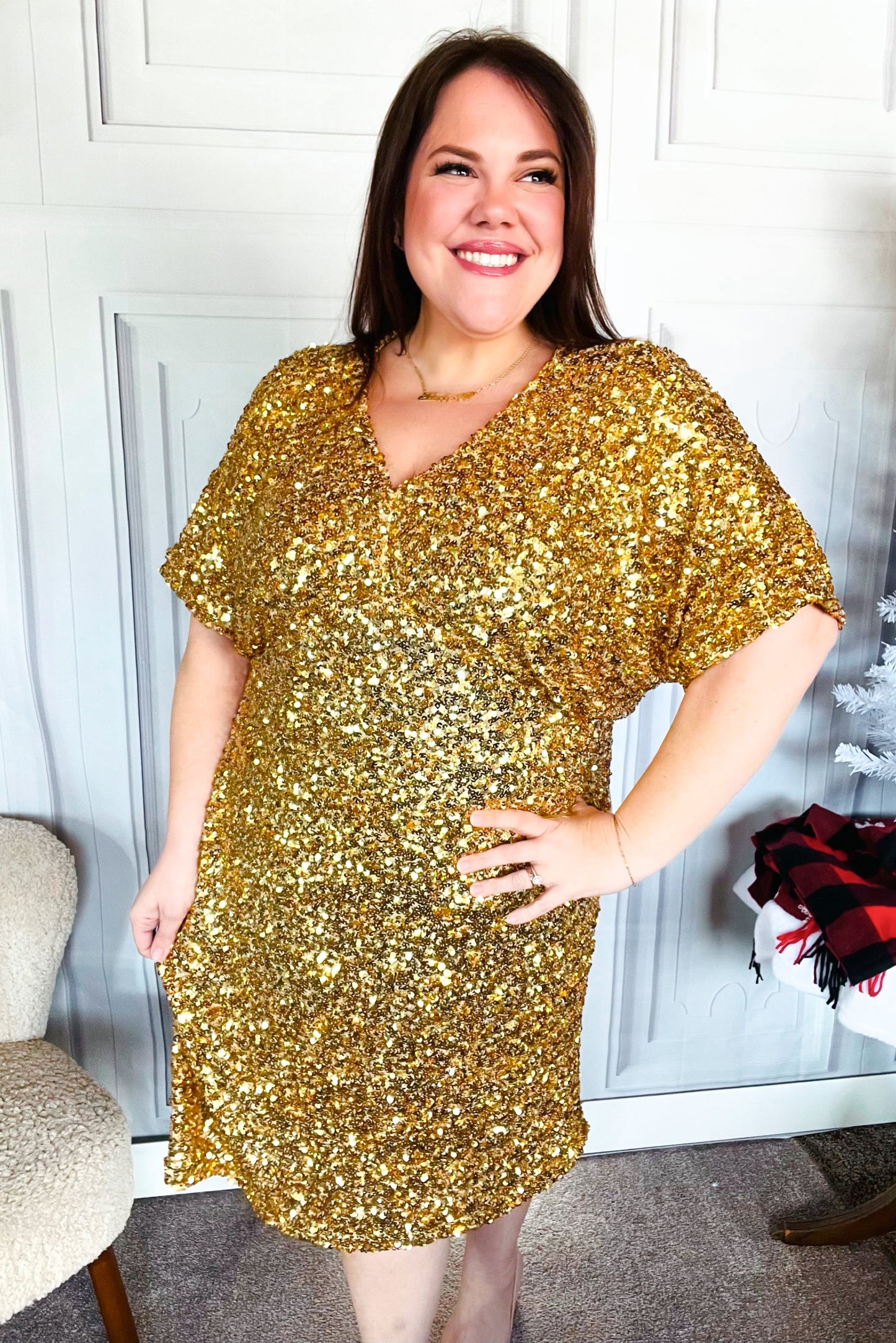 New Year Diva Dolman Gold Sequined Lined Babydoll Dress