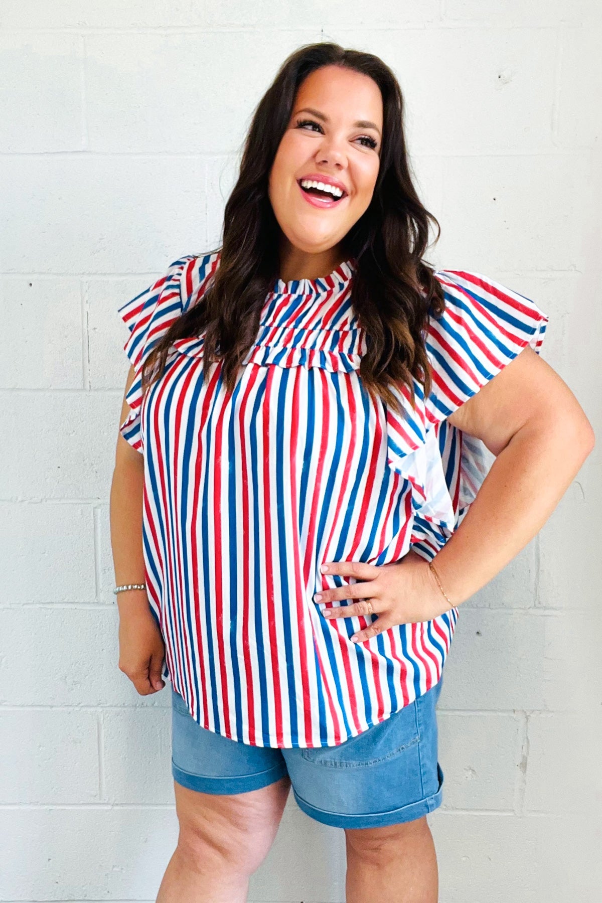 American Red White & Blue Stripe Shirred Yoke Neck Top