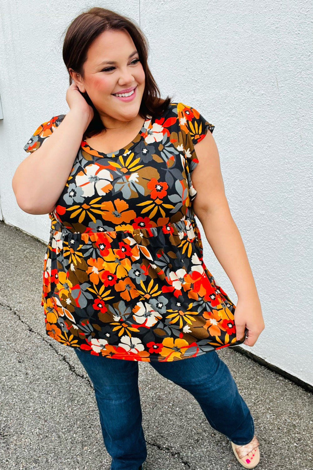 Burnt Orange Flat Floral Print Ruffle Sleeve Babydoll Top