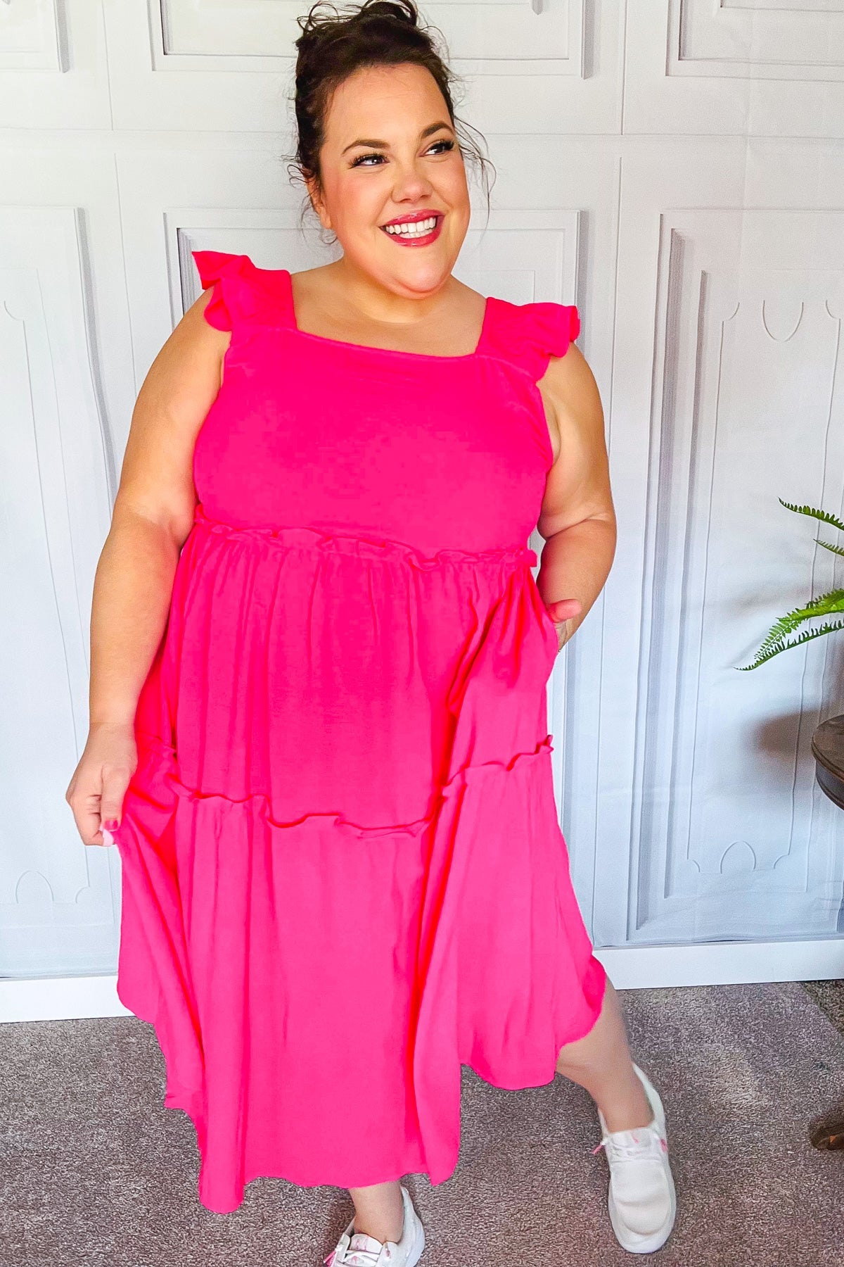 Lots To Love Fuchsia Smocked Flutter Sleeve Tiered Midi Dress