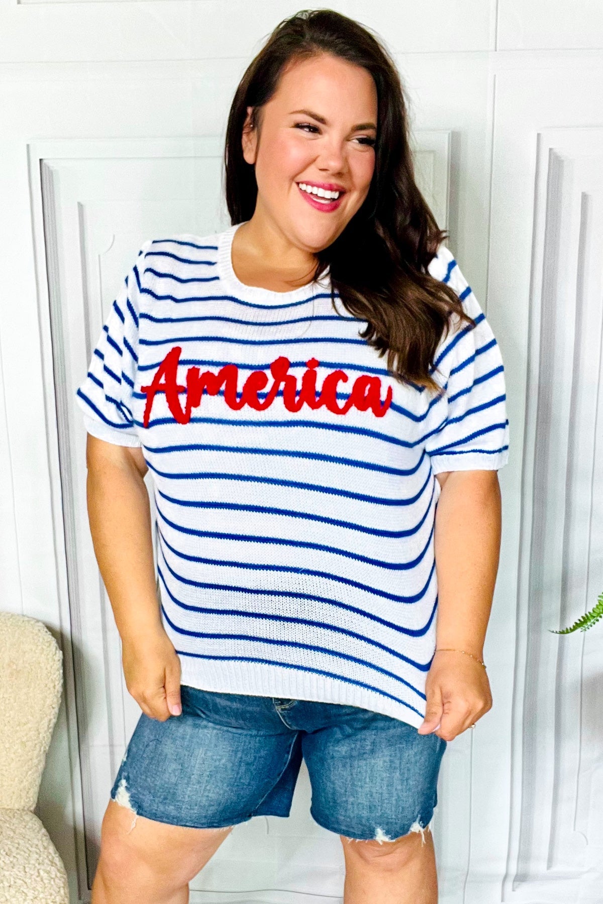 America Proud Blue Striped Embroidered Puff Sleeve Top