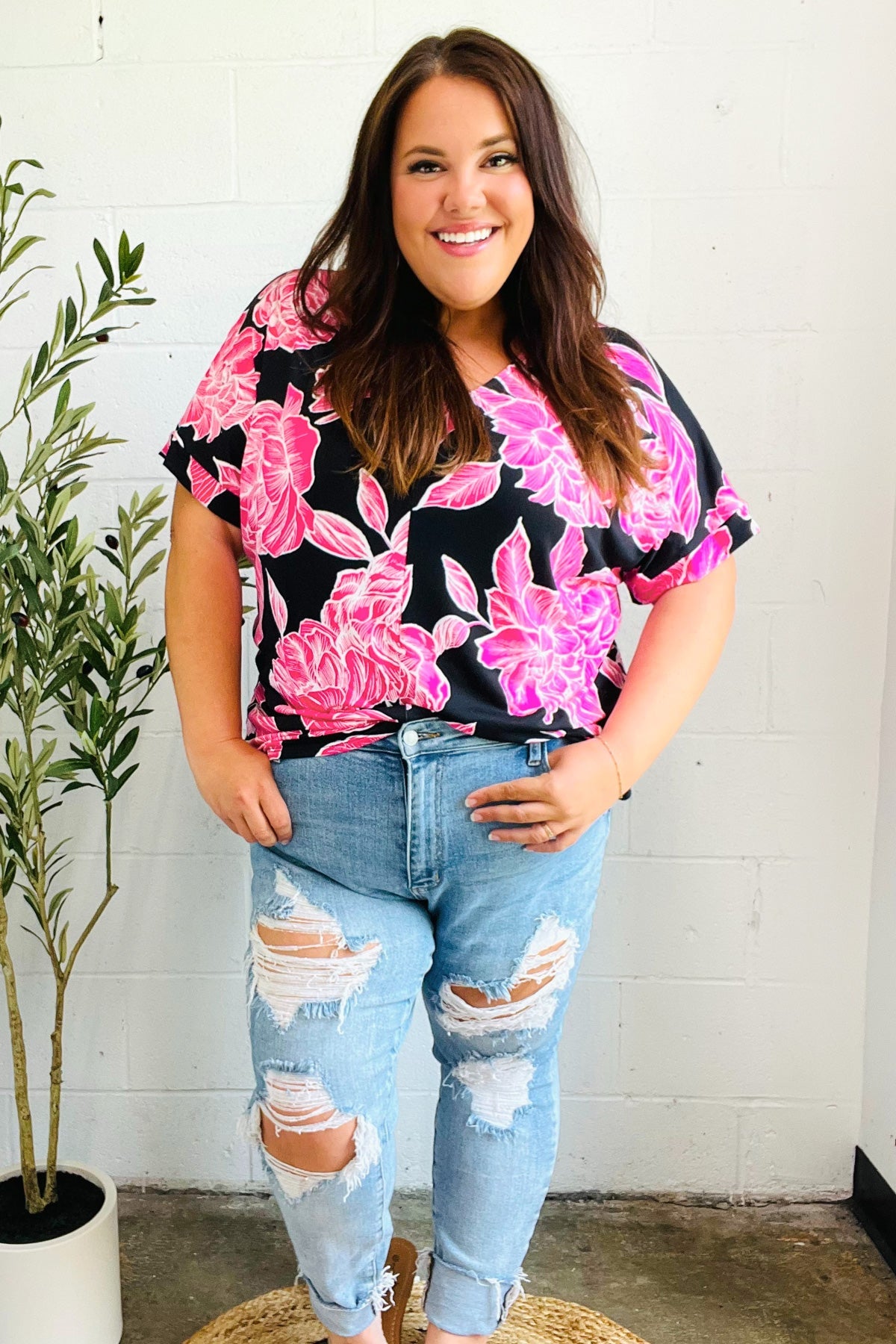 Tropical Vibes Black & Hot Pink Floral V Neck Top