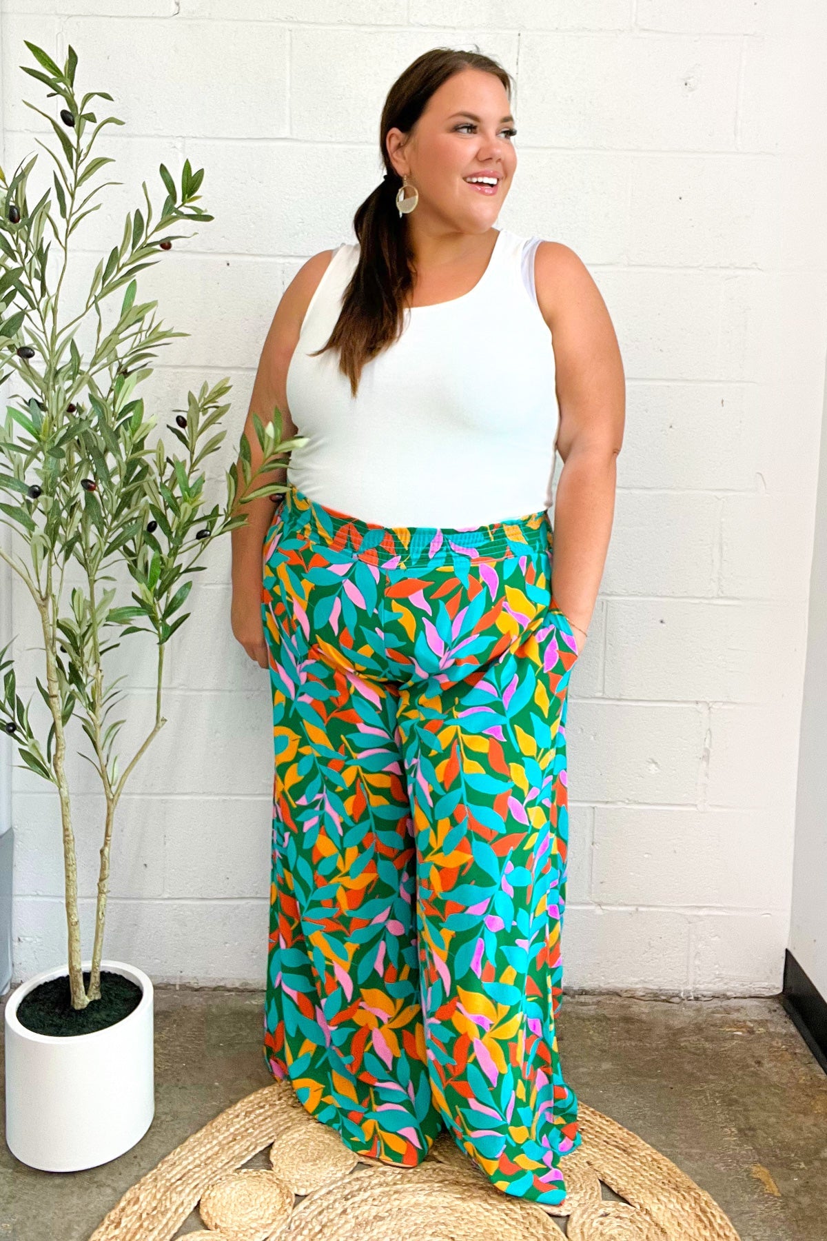 Summer Vibes Green & Orange Abstract Print Smocked Palazzo Pants