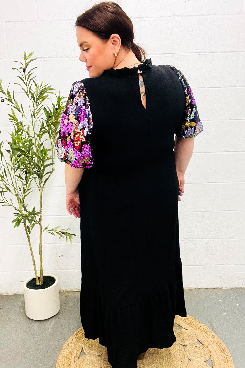 Black Floral Sequin Puff Sleeve Mock Neck Tiered Maxi Dress