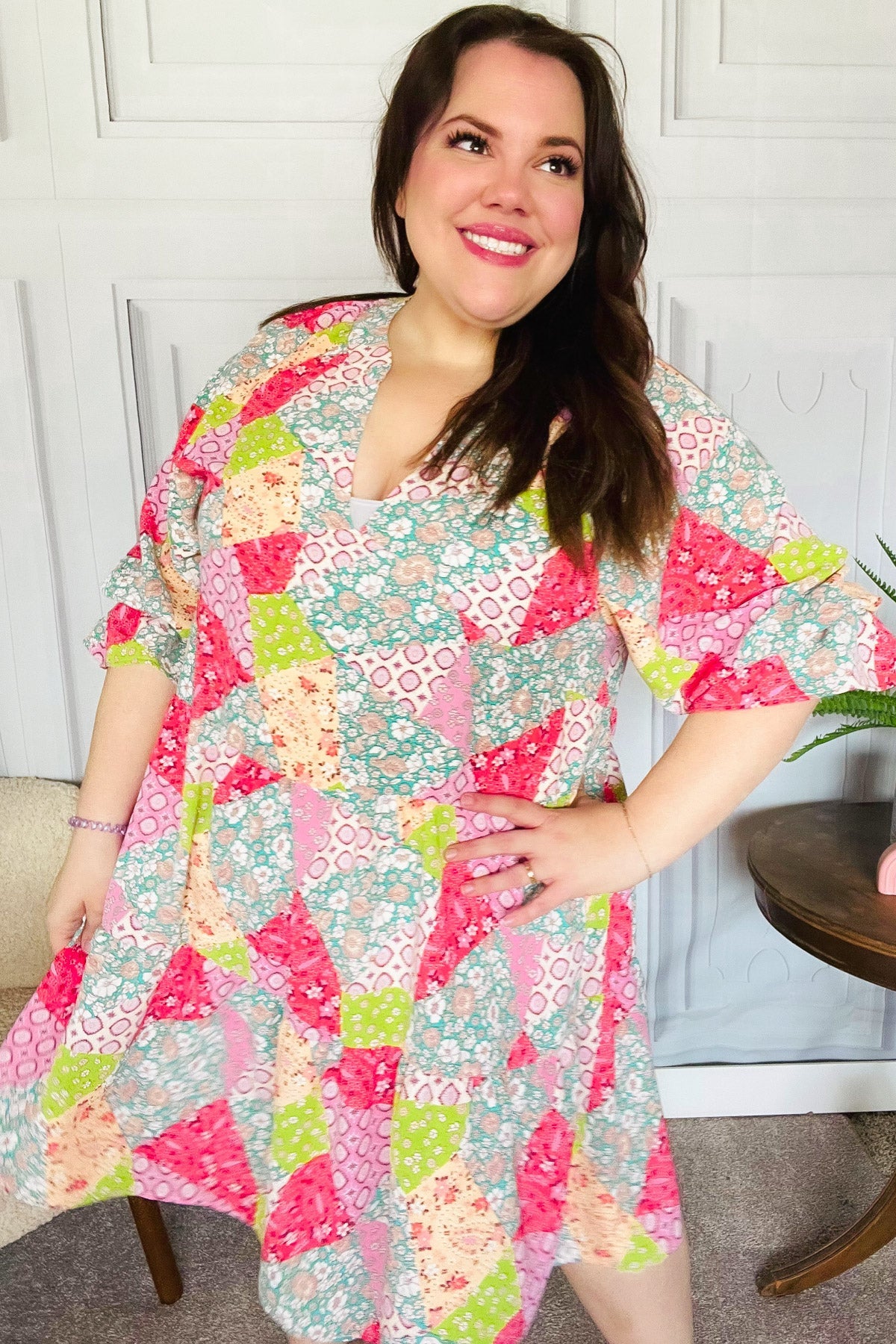 Look Of Love Lime & Coral Patchwork Print V Neck Dress