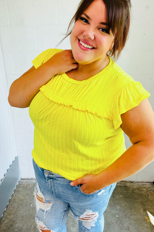 Yellow Wide Rib Frilled Short Sleeve Yoke Top