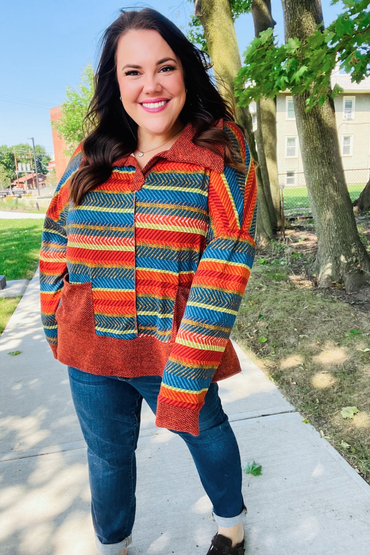 Casual Living Rust & Teal Striped Two Tone Knit Pocketed Top