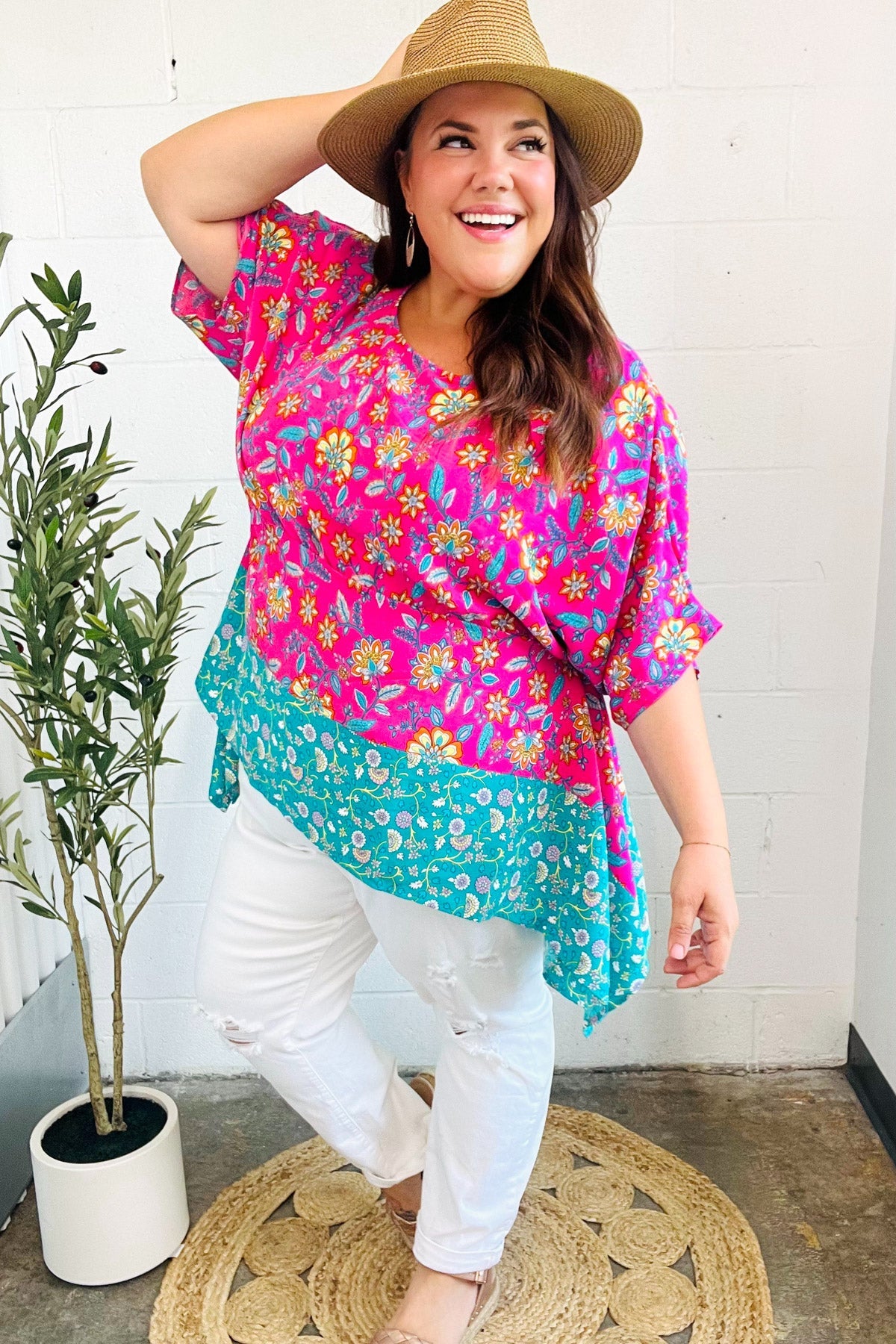 Vacay Ready Fuchsia Paisley Floral Dolman Sleeve Shark Bite Top